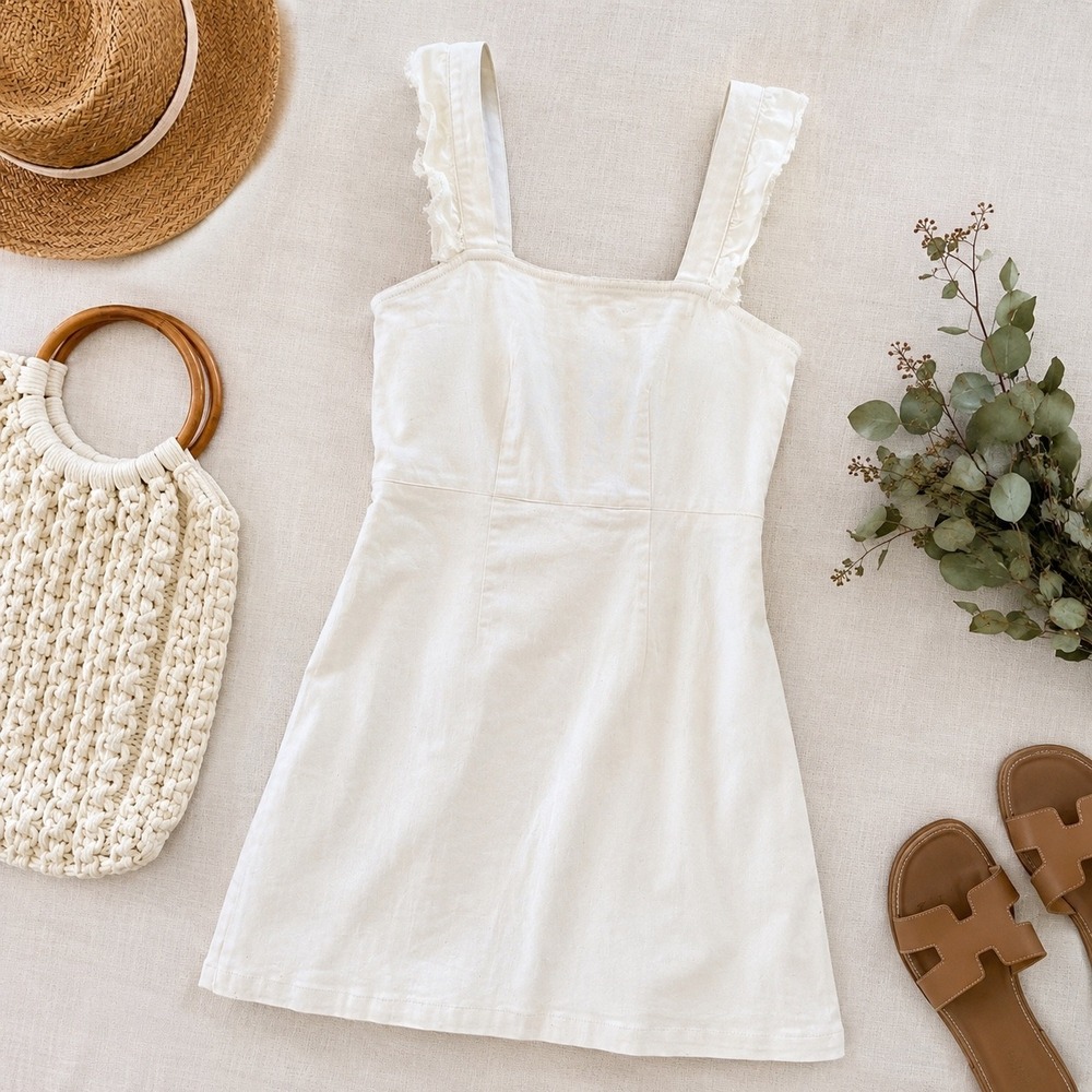 Show Me Your Mumu Ruthie Ruffle Dress Womens Small White Denim Mini Summer Boho